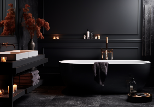 moderne zwarte stijlvolle warme badkamer woning en badkamer inspiratie natuurlijk decoratief