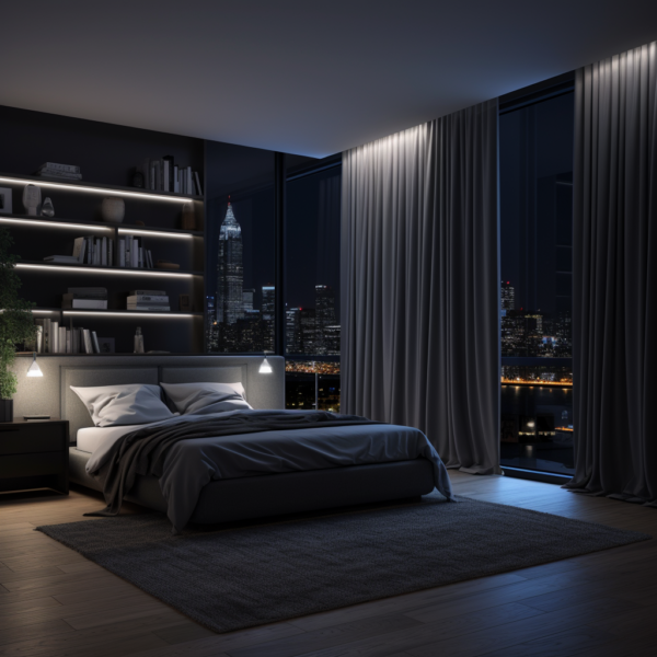 moderne slaapkamer met dimlicht verduisterd door de duurzame en weerzame verduisterende gordijnen blackout curtains sfeerlicht blogpost natuurlijk decoratief